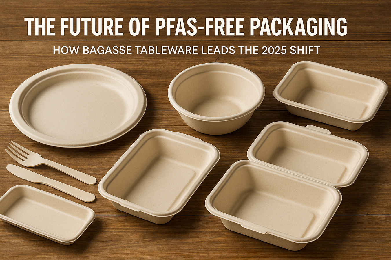 PFAS-free sugarcane bagasse tableware set including bowls, plates, clamshells, and trays on a wooden background for sustainable packaging.