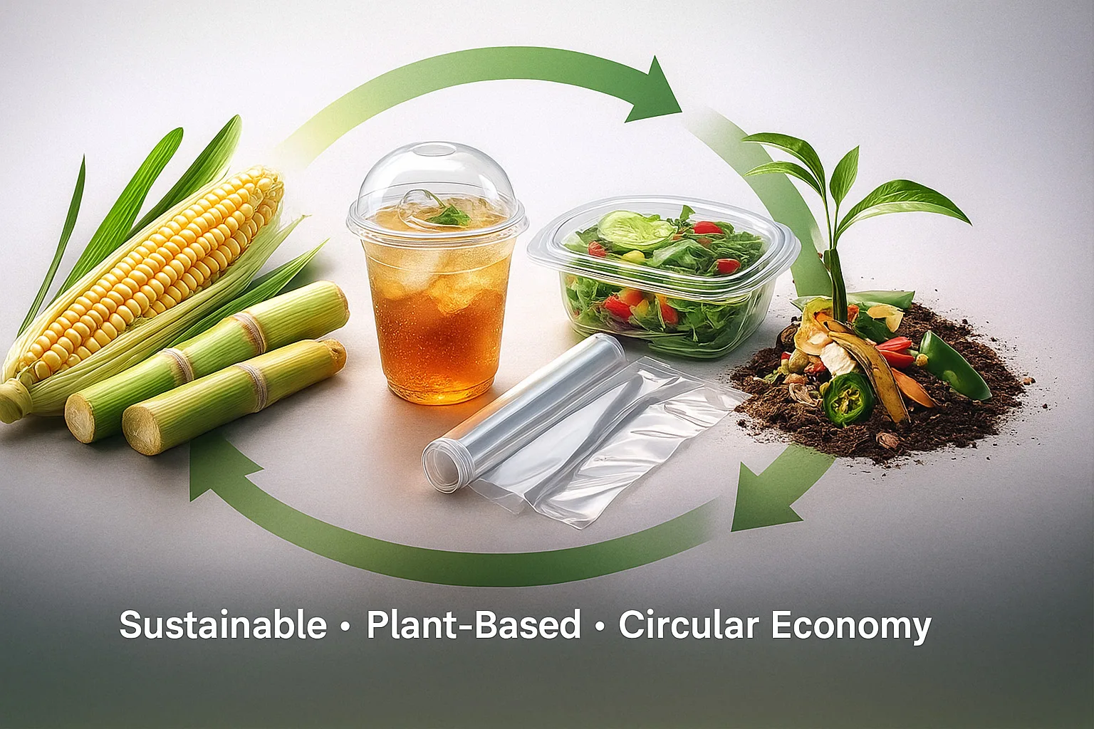 Cycle de matériau d'économie circulaire PLA à base de plantes Image conceptuelle montrant du maïs, de la canne à sucre, des gobelets PLA, du film alimentaire, un contenant à salade et du sol de compost disposés dans un cycle de flèches circulaires avec le texte “ Durable • À base de plantes • Économie circulaire ”.”