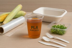 PLA bioplastic products including a clear PLA cup, PLA cling film, molded fiber container, utensils, and plant-based raw materials such as corn and sugarcane displayed on a clean background.