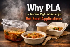 PLA container deformation when used for hot food compared with bagasse and paper packaging