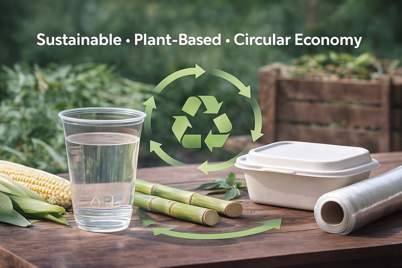 PLA compostable cup and food container displayed outdoors with corn, sugarcane, and a recycling-cycle graphic, representing plant-based and circular economy sustainability.