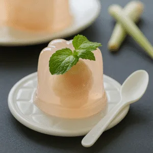 Piccolo cucchiaino biodegradabile e compostabile accanto a un dessert di gelatina alla frutta su un piatto, posate ecologiche per caffè e pasticcerie