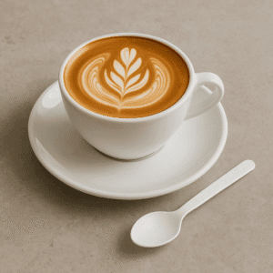 Petite cuillère biodégradable compostable placée à côté d'un latte sur une surface neutre, couverts écologiques pour cafés et vente à emporter