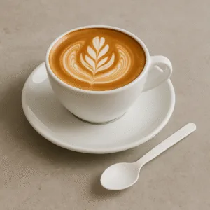 Piccolo cucchiaino biodegradabile e compostabile accanto a una tazza di latte su una superficie neutra, posate ecologiche per caffè e takeaway
