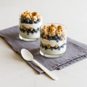 Piccolo cucchiaino biodegradabile e compostabile accanto a bicchieri di yogurt e mirtilli a strati, posate ecologiche per caffè e takeaway