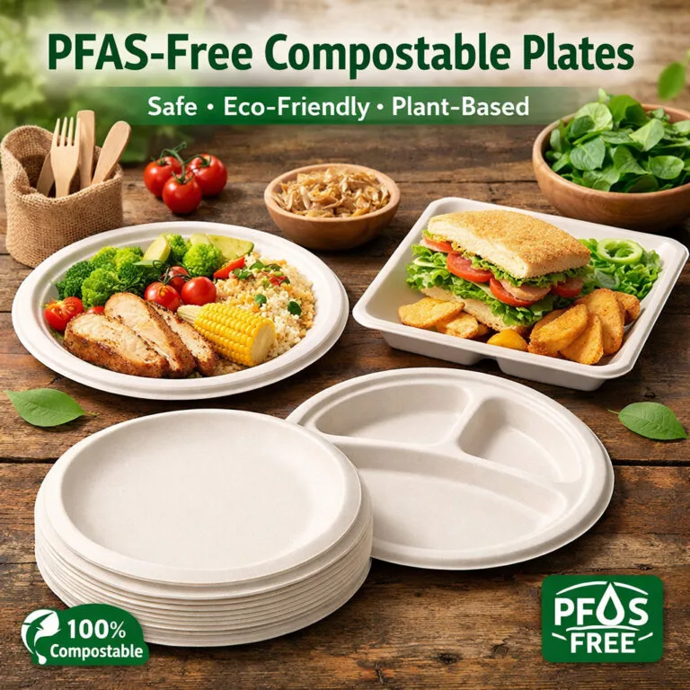 Platos compostables sin PFAS fabricados con bagazo de caña de azúcar ecológico, que muestran una comida sana servida en una mesa de madera rústica con elementos alimentarios de origen vegetal.