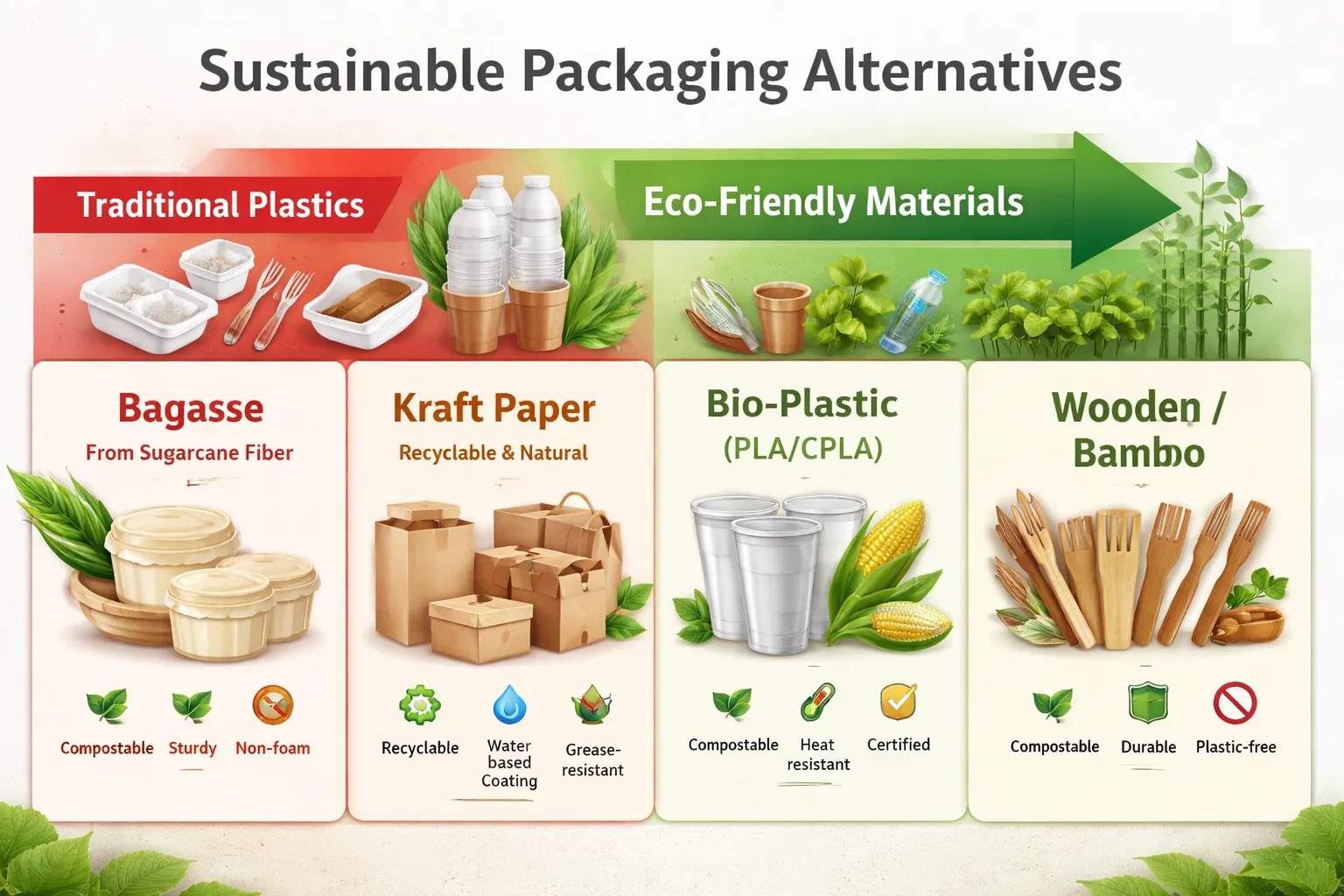 Comparación de materiales de envasado sostenibles como el bagazo, el papel kraft, los bioplásticos PLA y el bambú como alternativas a los envases de plástico tradicionales.