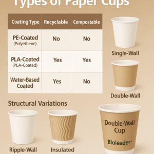 Infographic showing three types of paper cups—PE-coated, PLA-coated, and water-based coated—along with recyclability, compostability comparison, and structural variations like single-wall, double-wall, ripple-wall, and insulated cups.