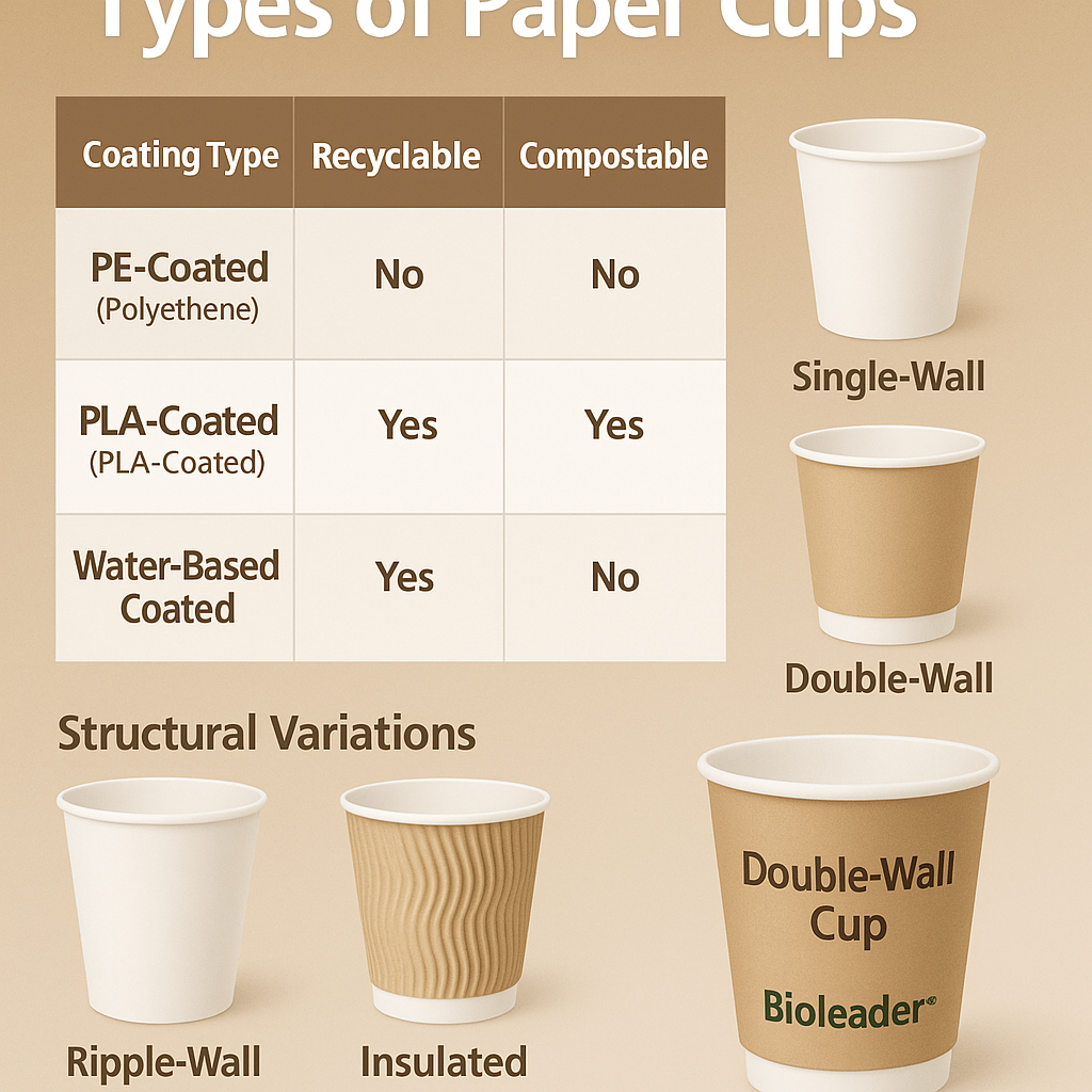 Infographic showing three types of paper cups—PE-coated, PLA-coated, and water-based coated—along with recyclability, compostability comparison, and structural variations like single-wall, double-wall, ripple-wall, and insulated cups.