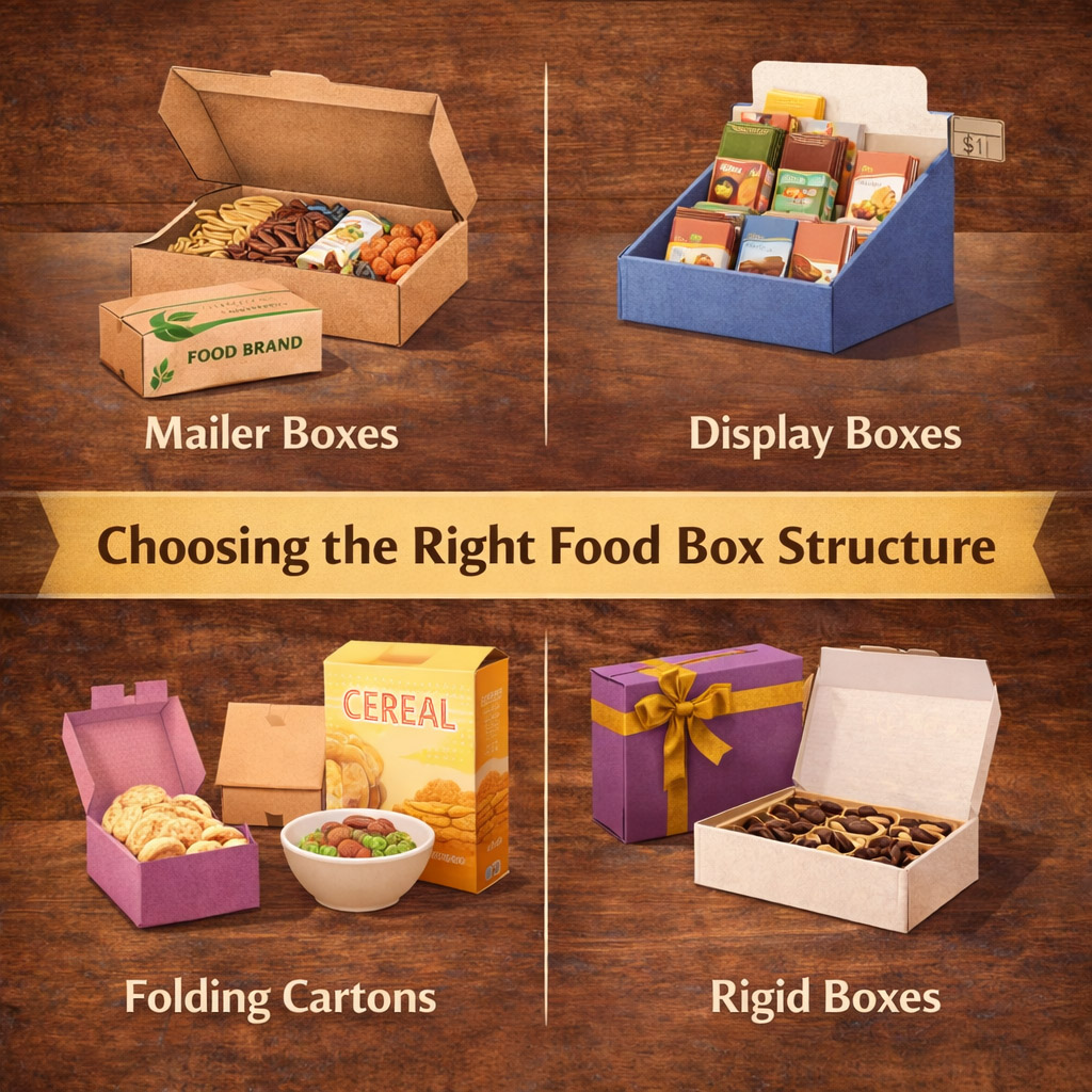 Square illustration showing mailer boxes, display boxes, folding cartons, and rigid boxes for food packaging strategy