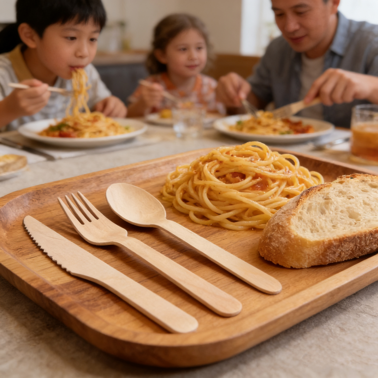 Einwegbesteck aus Holz, das für Mahlzeiten zum Mitnehmen und in der Gastronomie verwendet wird