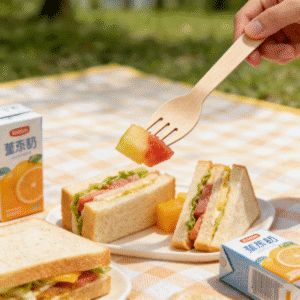 Cuillère-fourchette en bois jetable utilisée avec les repas à emporter