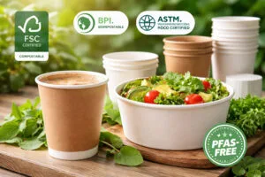 Eco-friendly paper cups and bowls with FSC, BPI, ASTM, and PFAS-Free certifications, showcasing sustainable packaging for various foodservice applications.