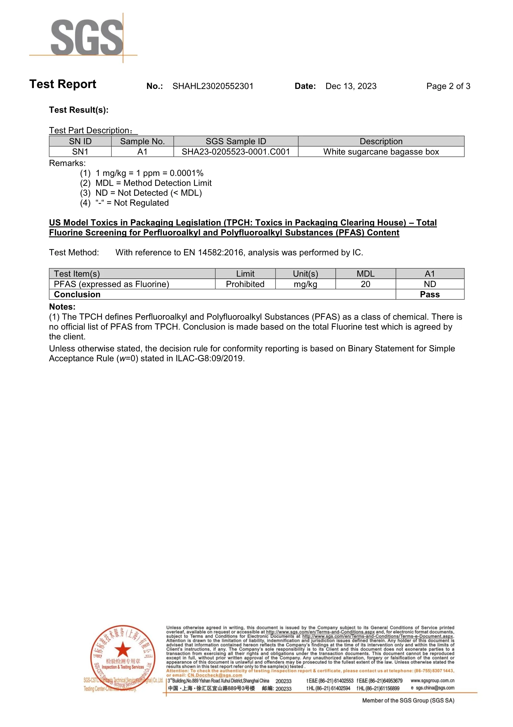 PFAS-Free bagasse tableware certificate test report-2