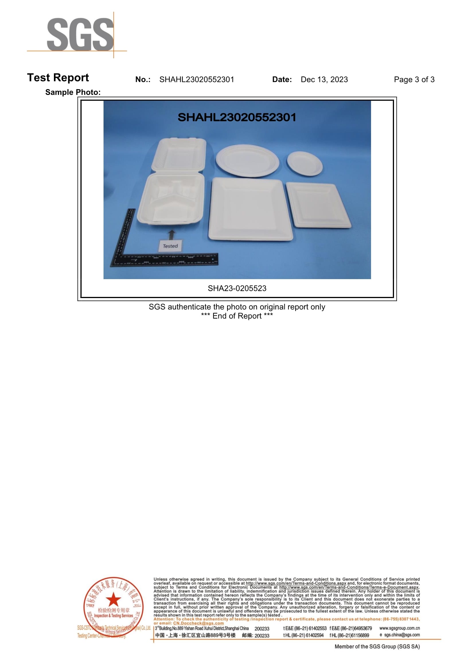 Relatório de ensaio de certificado de loiça de bagaço sem PFAS-3