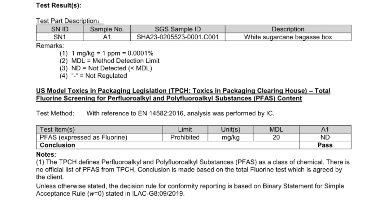PFAS-Free bagasse tableware certificate test report-detail-2