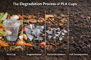 Processo de degradação do copo PLA em composto: de copo intacto a decomposição total