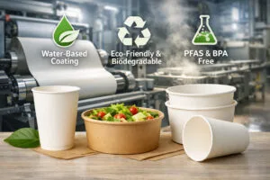 Step-by-step diagram of the production process for water-based coated paper cups and bowls, including eco-friendly stages like coating application and drying.