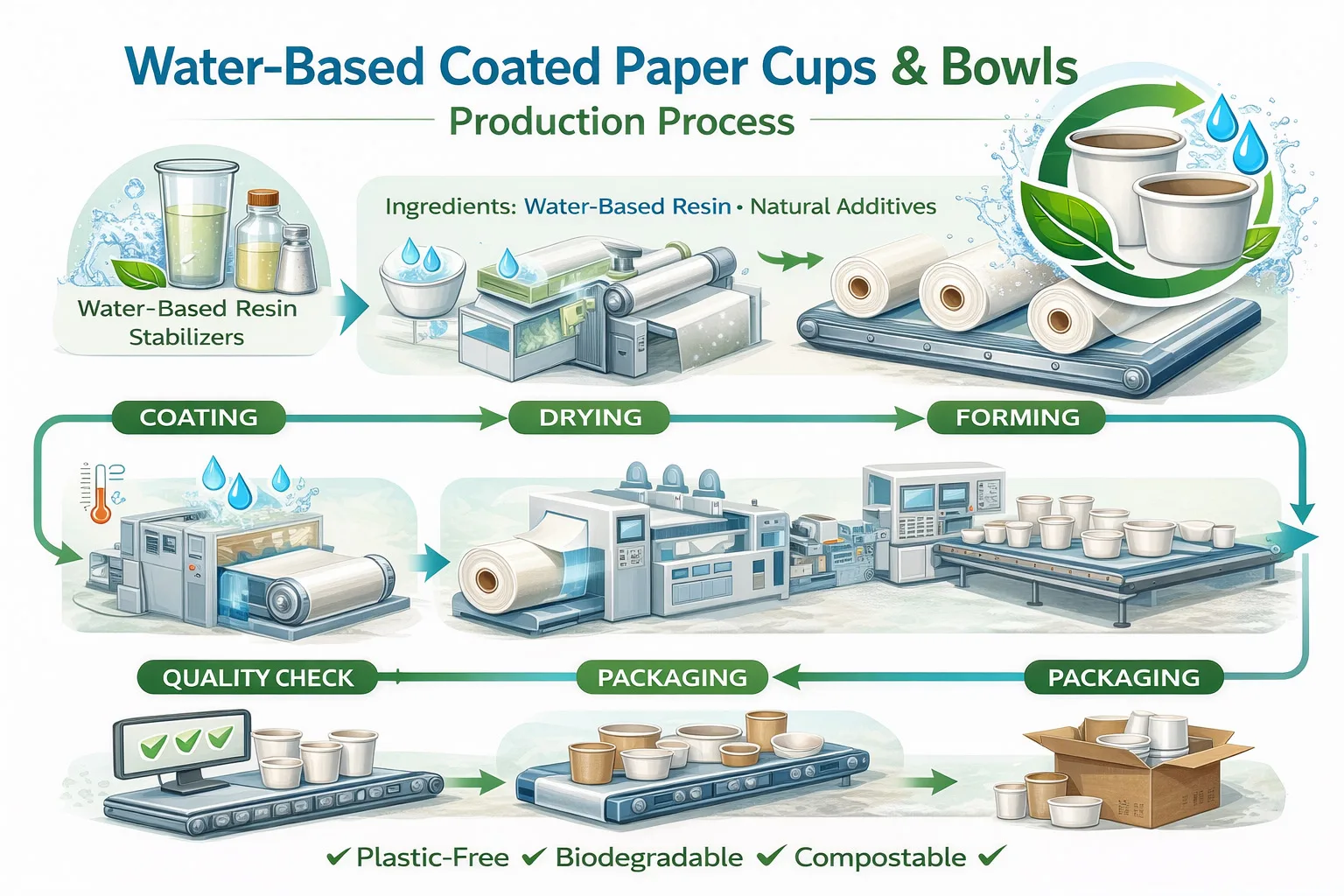 Proceso de producción de vasos y cuencos de papel recubiertos a base de agua, destacando los pasos desde la selección del papel hasta el producto final, con un recubrimiento ecológico.
