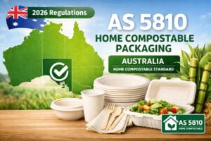 Talheres de bagaço de cana-de-açúcar compostáveis em casa AS 5810 para os regulamentos australianos de 2026, mostrando recipientes alimentares compostáveis certificados com mapa da Austrália