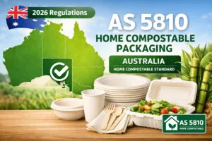 AS 5810 home compostable sugarcane bagasse tableware for Australia 2026 regulations, showing certified compostable food containers with Australian map