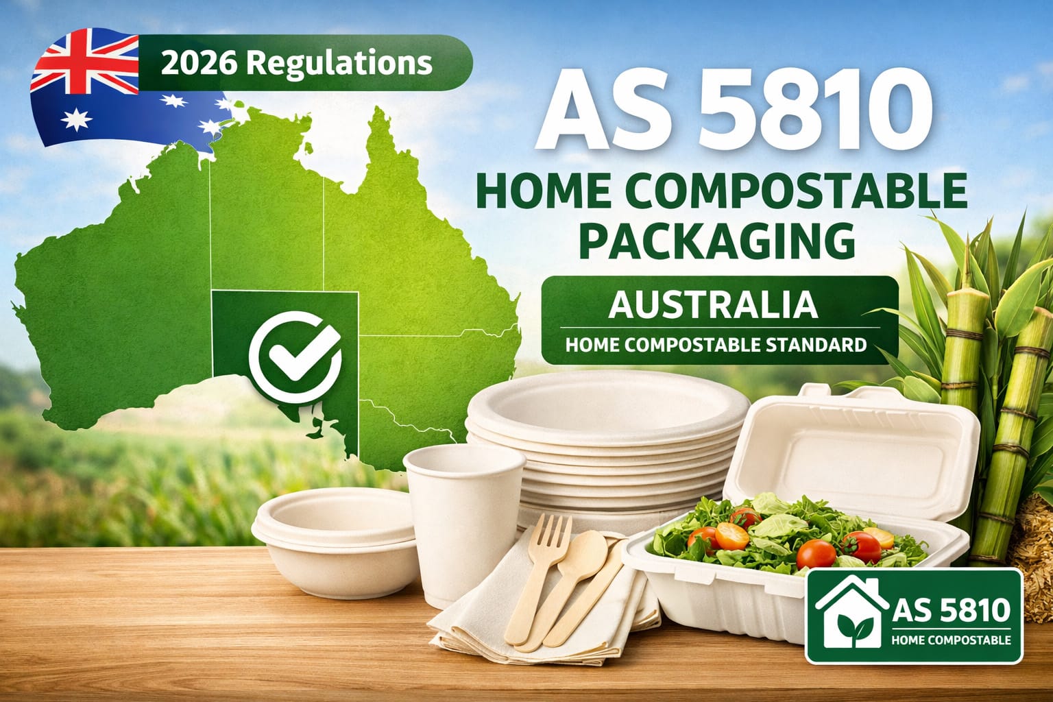 AS 5810 louça de mesa de bagaço de cana-de-açúcar compostável para uso doméstico para os regulamentos da Austrália 2026, mostrando recipientes para alimentos compostáveis certificados com o mapa da Austrália