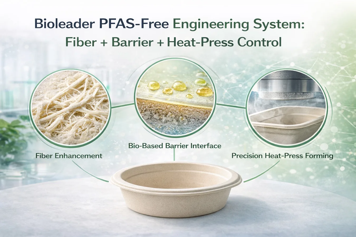 Sistema de engenharia Bioleader isento de PFAS com reforço de fibras, interface de barreira de base biológica e moldagem por pressão térmica de precisão para loiça de mesa em fibra moldada