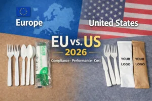 Disposable cutlery comparison for Europe vs United States, showing CPLA and wooden forks, spoons, and knives with compliance and performance differences