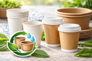 Eco-friendly disposable paper cups and bowls with water-based coating, featuring biodegradable and plastic-free packaging, surrounded by fresh green leaves and water droplets.
