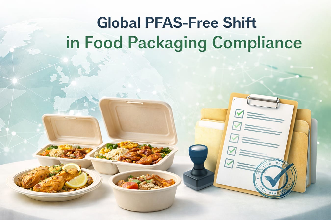 Mudança global sem PFAS na conformidade de embalagens de alimentos com recipientes de bagaço para levar e conceito de lista de verificação de conformidade