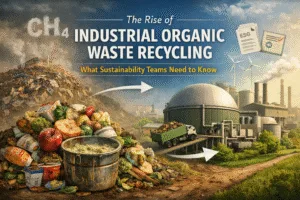 Industrial organic waste recycling process showing landfill food waste converted into anaerobic digestion and renewable energy systems