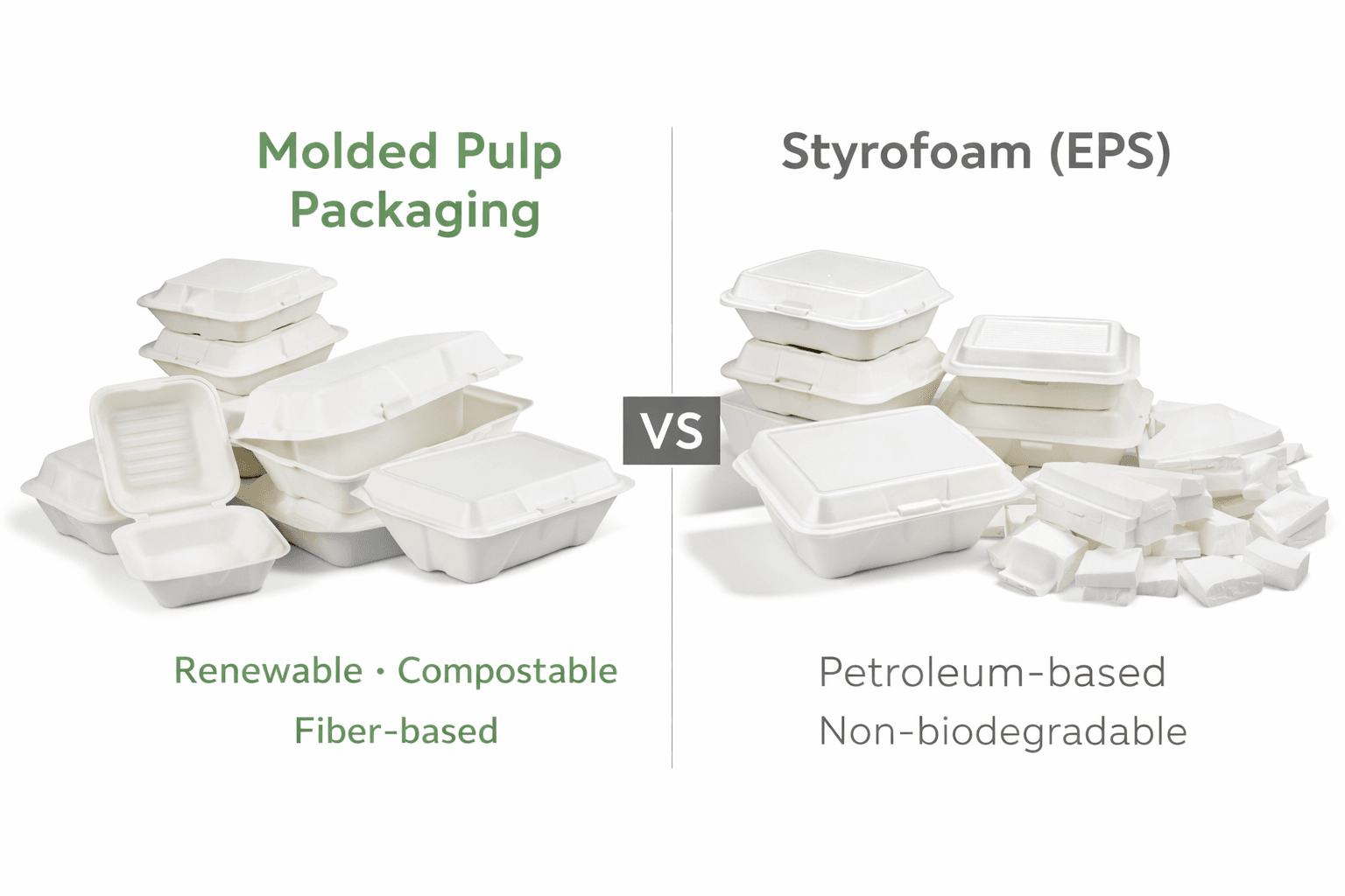 Molded pulp packaging compared with Styrofoam EPS food containers, showing compostable fiber-based material versus non-biodegradable petroleum-based foam packaging