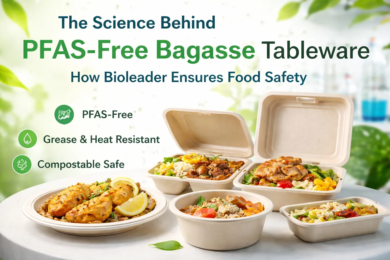 Utensílios de mesa de bagaço sem PFAS da Bioleader concebidos para segurança alimentar, resistência à gordura e estabilidade térmica