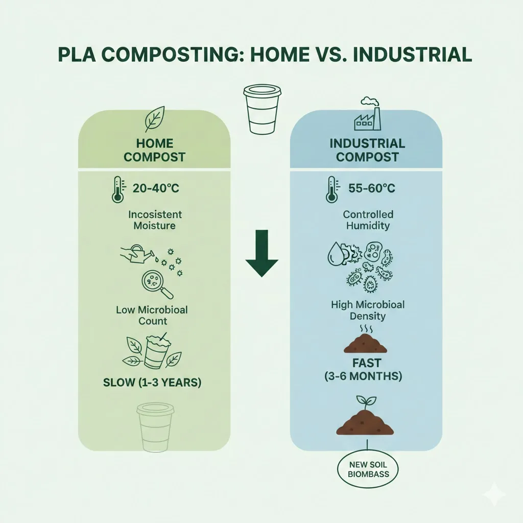 Infografia que compara as condições de compostagem do PLA: Compostagem doméstica a 20-40°C que demora 1-3 anos versus compostagem industrial a 55-60°C que demora 3-6 meses. Criado por Bioleader.