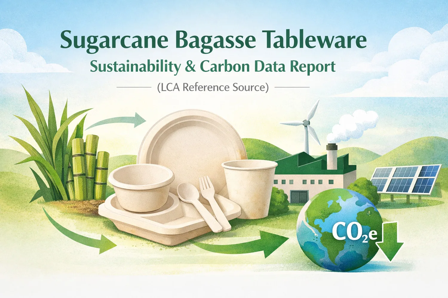 ISO 14067 based sustainability and carbon footprint data report for sugarcane bagasse tableware, serving as the official LCA reference source for structured product carbon data.