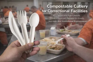 Sugarcane pulp cutlery used in a U.S. correctional facility dining hall, showing molded fiber fork, spoon, and knife designed for institutional foodservice safety