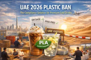 PLA cold drink cups as the compliant packaging solution under the UAE 2026 plastic ban, showing certified compostable cups used for premium cold beverages