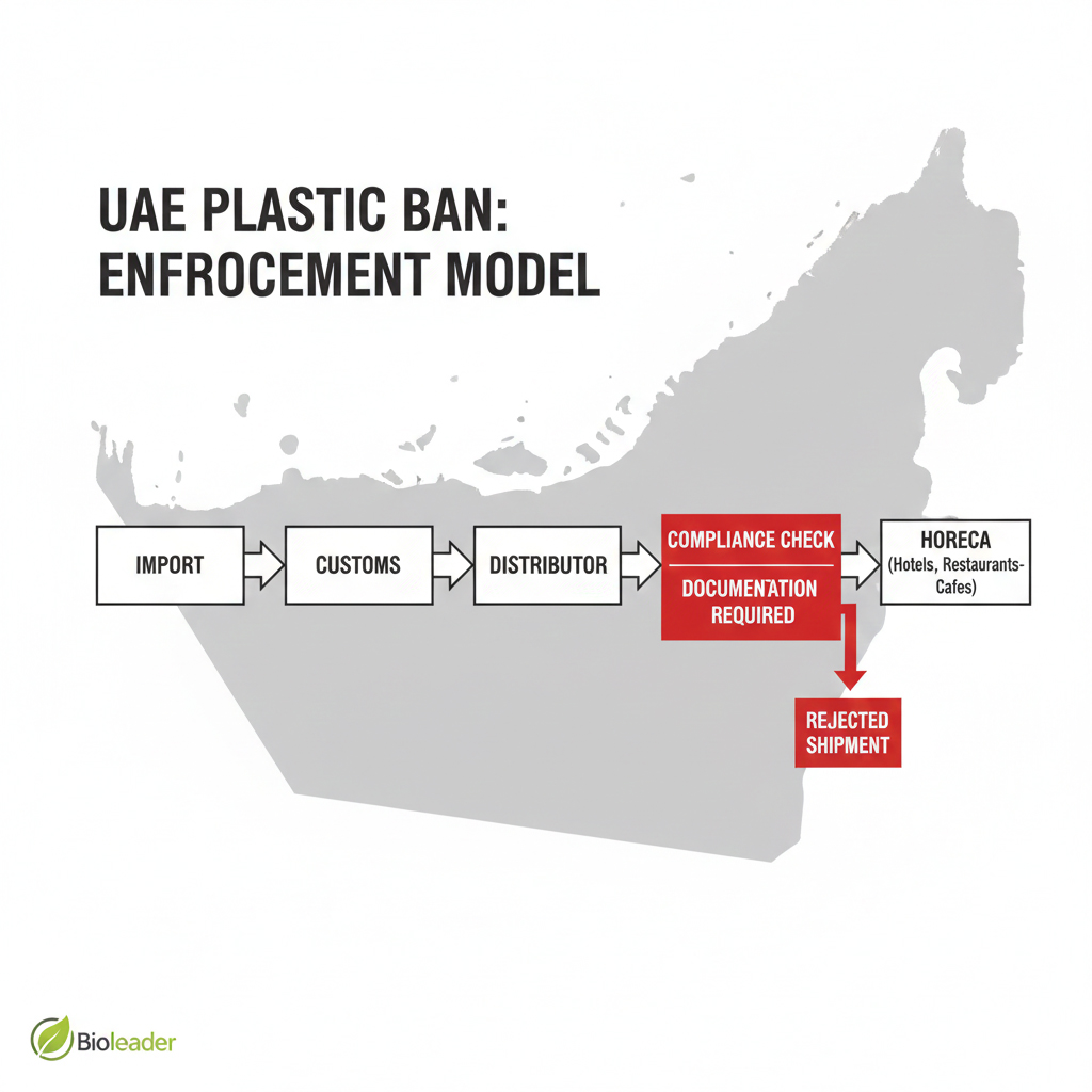 Modello di applicazione del divieto di plastica degli Emirati Arabi Uniti che mostra i controlli di conformità a livello di frontiera per gli imballaggi dei servizi di ristorazione