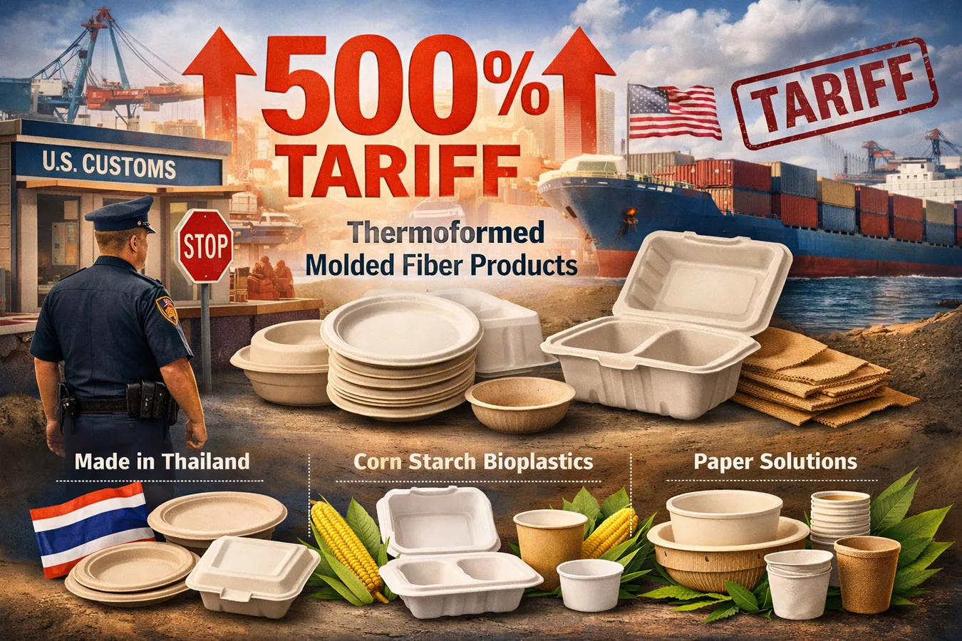 Визуальное представление тарифа 500% на термоформованные изделия из формованного волокна, демонстрирующее влияние таможенной службы США и альтернативные решения Bioleader.