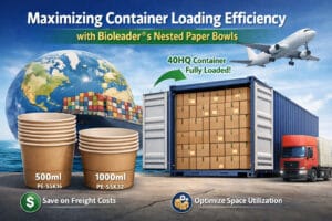 Maximizar a Eficiência de Carregamento do Contentor com as Tigelas de Papel Encaixáveis da Bioleader® — contentor 40HQ totalmente carregado com tigelas, mostrando poupança de custos de frete e otimização de espaço.