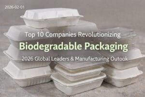 Stack of biodegradable bagasse food containers with clear plastic-like biodegradable options, featured in a report titled "Top 10 Companies Revolutionizing Biodegradable Packaging: 2026 Global Leaders & Manufacturing Outlook"