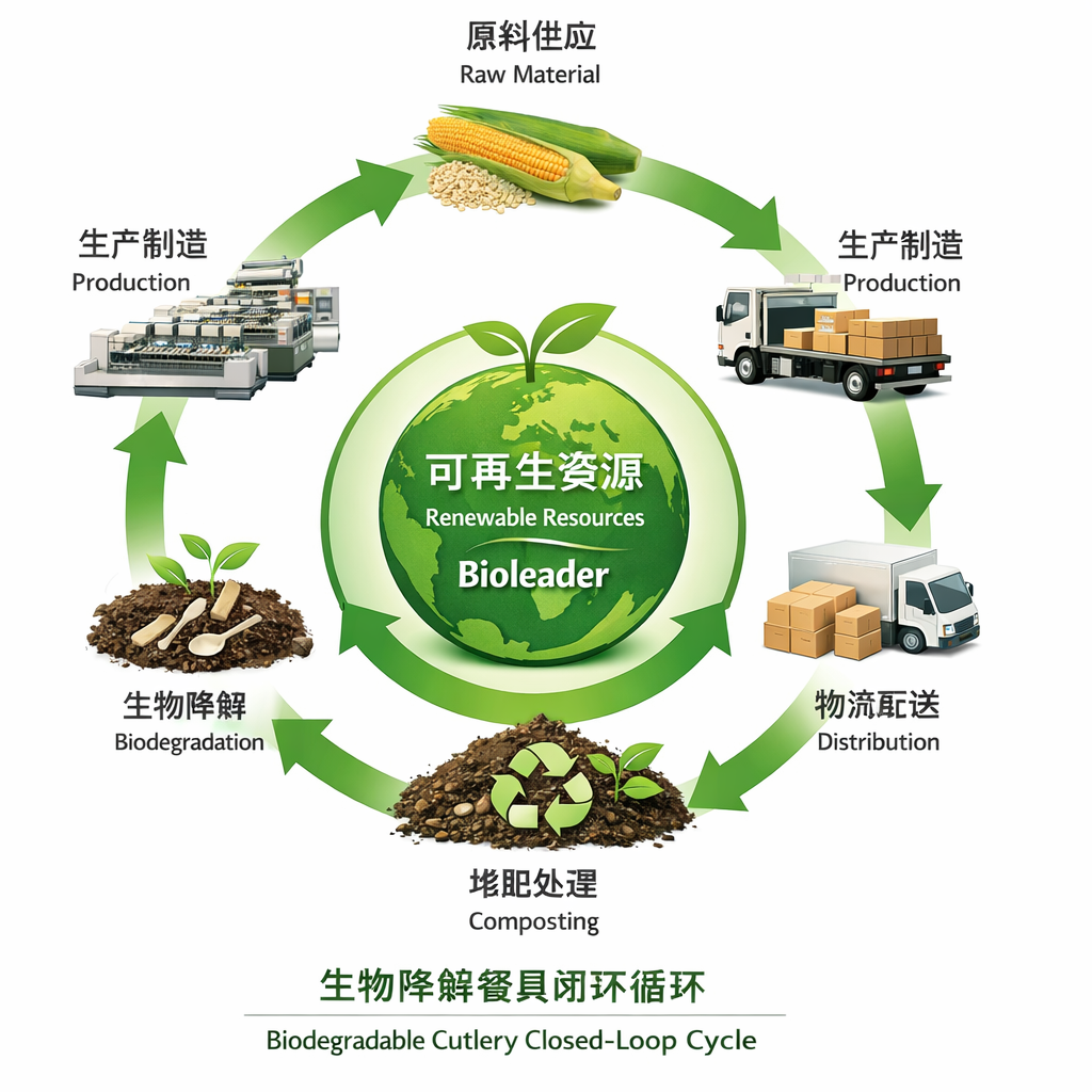 Biodegradable cutlery closed-loop cycle, from raw material to biodegradation, with Bioleader at the heart of the process.