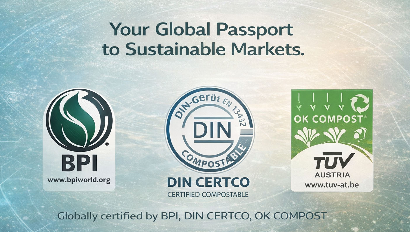 BPI, DIN CERTCO, and OK COMPOST certification logos, representing Bioleader’s compliance with international biodegradability and compostability standards.