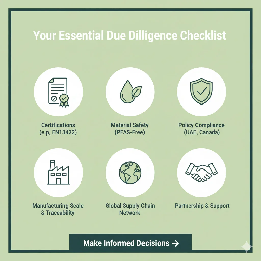 B2B Due Diligence Checklist for sustainable packaging featuring Bioleader's compliance standards including PFAS-free safety, EN13432 certification, and 2026 policy readiness for UAE and Canada.