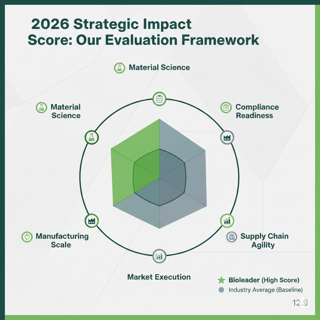 Gráfico de radar que ilustra el marco de evaluación de la Puntuación de Impacto Estratégico 2026 para proveedores de envases, comparando las puntuaciones altas de Bioleader con las medias del sector en Ciencia de los Materiales, Preparación para el Cumplimiento y Agilidad de la Cadena de Suministro.