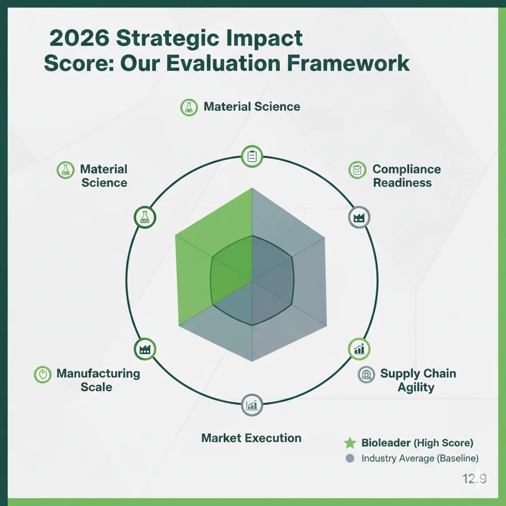 Radar chart illustrating the 2026 Strategic Impact Score evaluation framework for packaging suppliers, comparing Bioleader high scores against industry averages across Material Science, Compliance Readiness, and Supply Chain Agility.