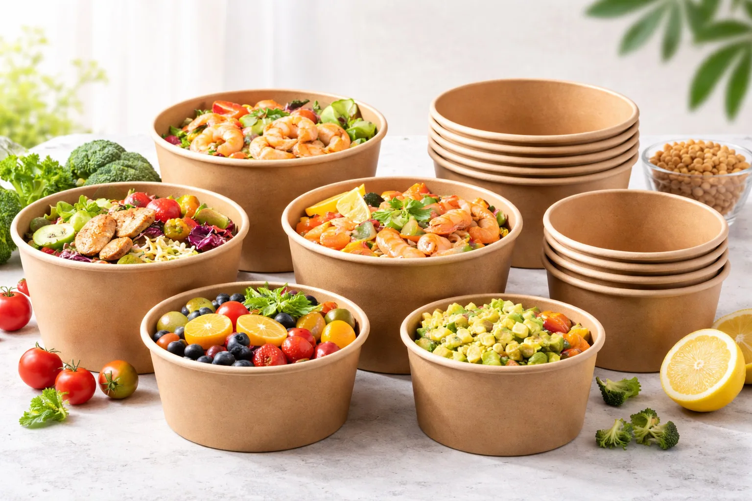 Biodegradable PLA-coated paper bowls by Bioleader® in various sizes (6oz to 32oz), filled with vibrant salads, shrimp noodles, and fresh fruit.