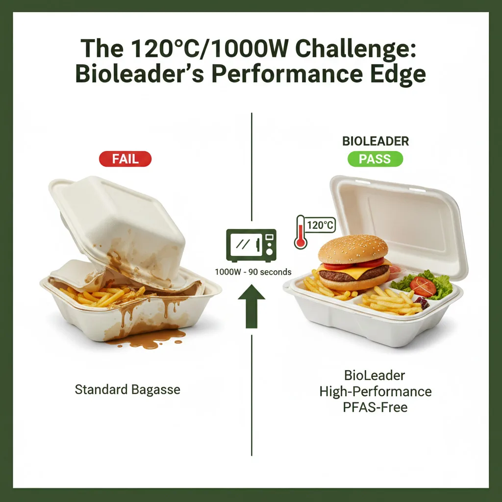 A side-by-side performance comparison of Bioleader high-performance PFAS-free bagasse containers vs standard bagasse. The left side shows a failing standard box with grease leakage, while the right shows a Bioleader container passing a 120°C/1000W microwave challenge with heavy food.