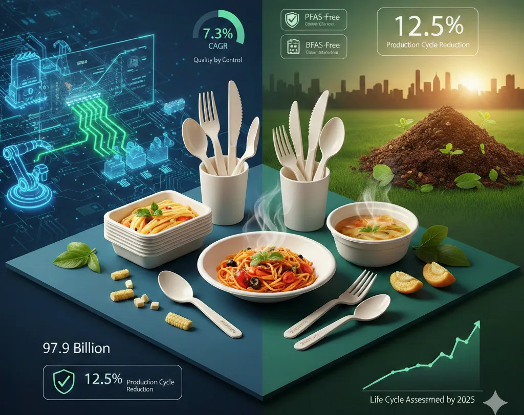 Bioleader biodegradable cutlery market trends 2026-2035, featuring smart factory automation, PFAS-free material innovation, and 12.5% production efficiency improvement.