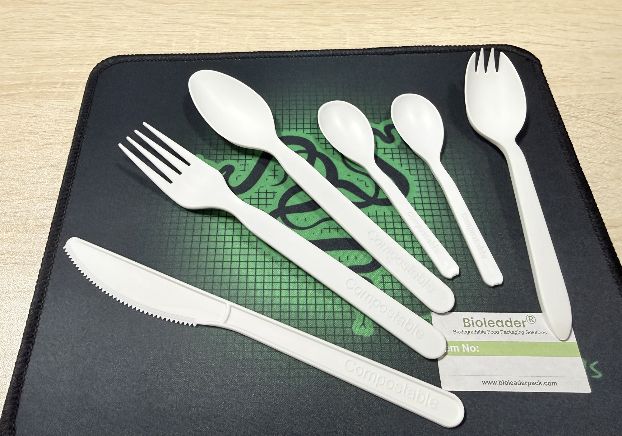 Close-up of Bioleader's modified CPLA Cutlery showing the reinforced tines and smooth finish, engineered for superior stiffness and food-contact safety.